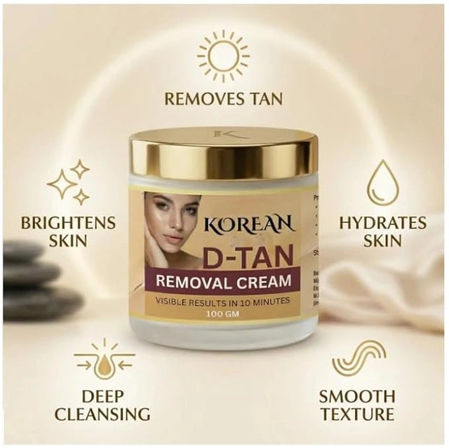 Korean D-Tan Removal Cream jar with benefits listed on a beige background