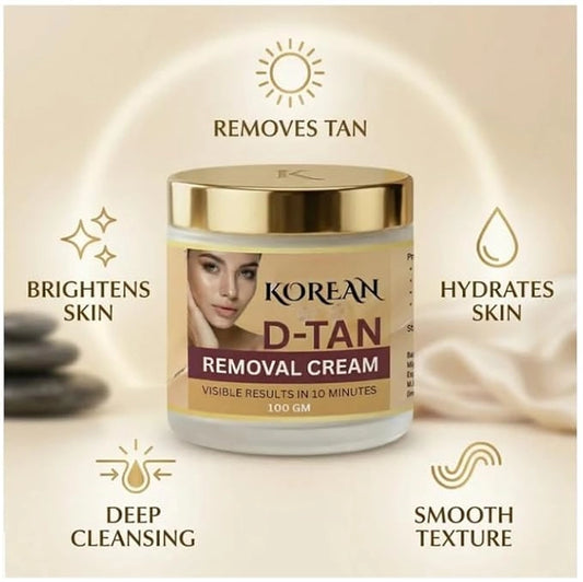 Korean D-Tan Removal Cream jar with benefits listed on a beige background